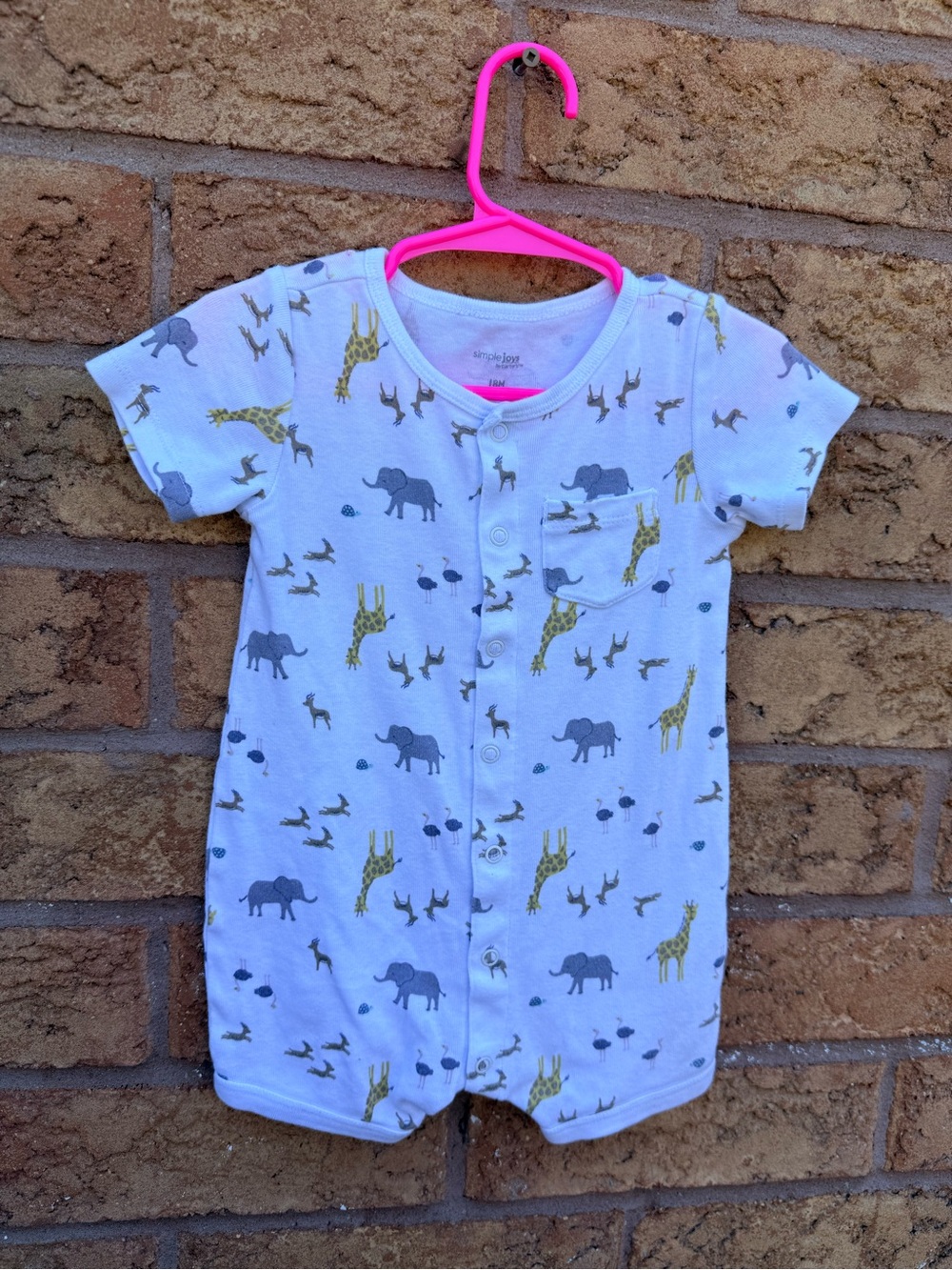 10/$25 • Simple Joys White Baby Romper with Grey Elephants & Yellow Giraffes